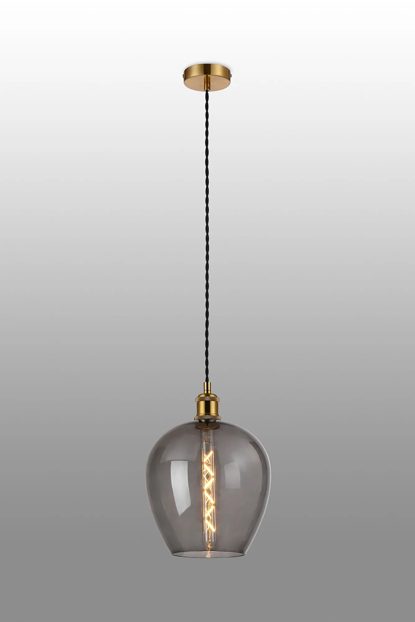Cawdor Single Pendant, 1 Light E27, Gilt Bronze/Black/Smoke Wine Glass DK1110  Deco Cawdor